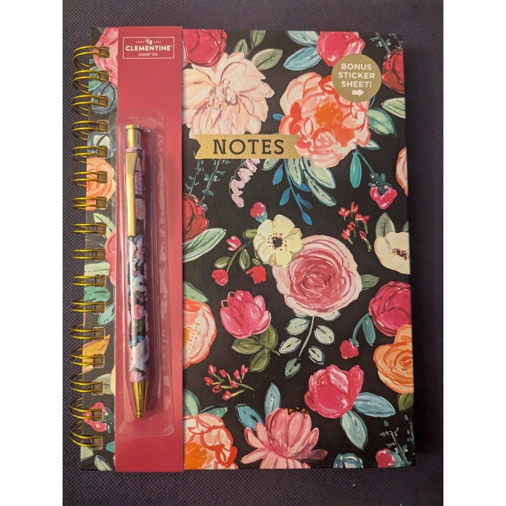 Floral Note Journal & Matching Pen - Spiral Bound With Sticker Page - Clementine